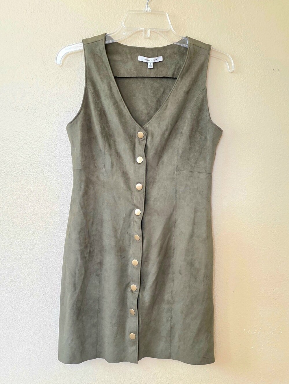 Naked Zebra Olive Green Faux Suede Button Snap Front Pinafore Mini Dress
